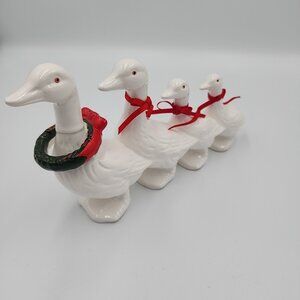 Department Dept. 56 Vintage Row Of White Christmas Geese w/ Wreath & Red Bows